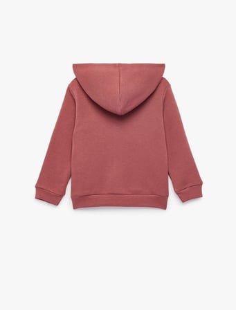 Uzun Kollu Baskılı Cepli Şardonlu Fermuarlı Kapşonlu Sweatshirt