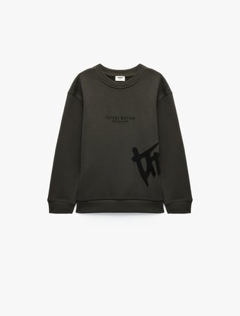 Baskılı Şardonlu Bisiklet Yaka Uzun Kollu Sweatshirt