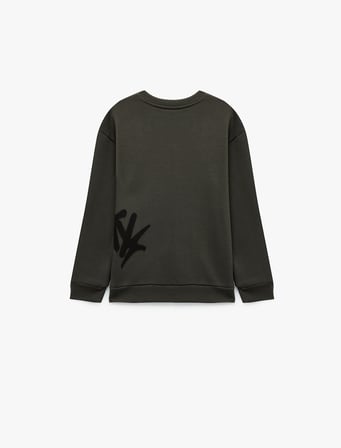 Baskılı Şardonlu Bisiklet Yaka Uzun Kollu Sweatshirt
