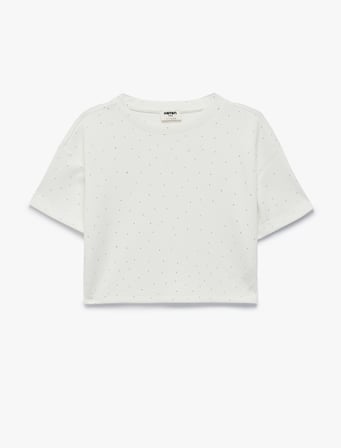 Taş Detaylı Viskon Karışımlı Bisiklet Yaka Kısa Kollu Crop Bluz