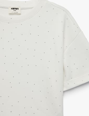 Taş Detaylı Viskon Karışımlı Bisiklet Yaka Kısa Kollu Crop Bluz