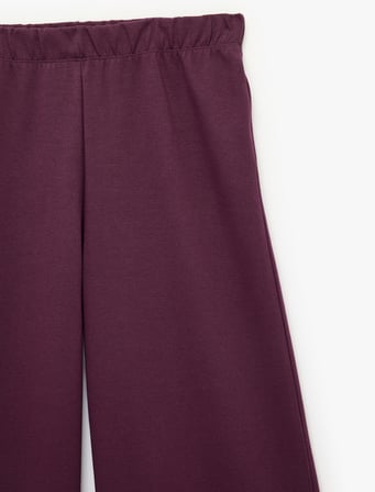 Pamuklu Beli Lastikli Mürdüm Rengi Düz Bol Paça Pantolon