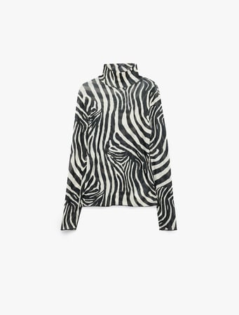 Slim Uzun Kollu Zebra Desenli Dik Yaka Bluz