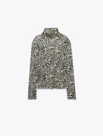 Slim Fit Uzun Kollu Yarı Transparan Dik Yaka Zebra Desenli Bluz
