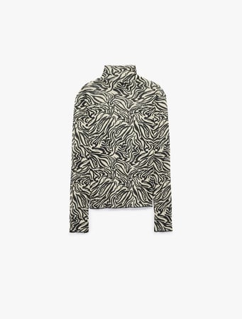 Slim Fit Uzun Kollu Yarı Transparan Dik Yaka Zebra Desenli Bluz