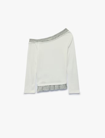Ribanalı Asimetrik Kesim Viskon Karışımlı Kayık Yaka Uzun Kollu Slim Fit Tişört