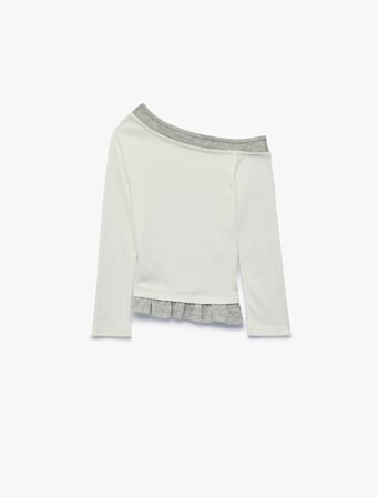 Ribanalı Asimetrik Kesim Viskon Karışımlı Kayık Yaka Uzun Kollu Slim Fit Tişört