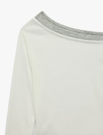 Ribanalı Asimetrik Kesim Viskon Karışımlı Kayık Yaka Uzun Kollu Slim Fit Tişört