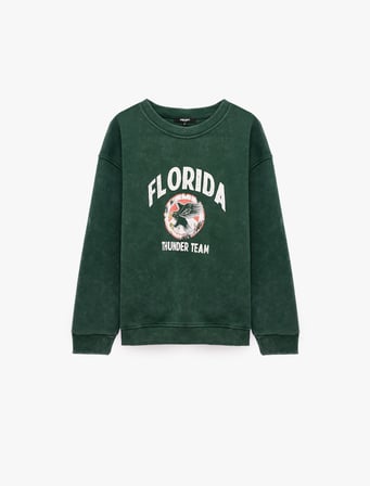 Uzun Kollu Yıkamalı Şardonlu Bisiklet Yaka Oversize Baskılı Sweatshirt