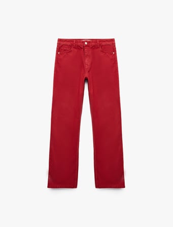 Pamuklu Normal Bel Düğmeli Cepli Uzun Kesim Düz Paça Pantolon - Straight Jeans