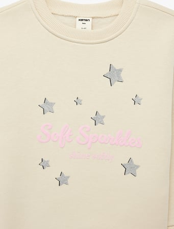 Yıldız Baskılı Bisiklet Yaka Uzun Kollu Şardonlu Sweatshirt