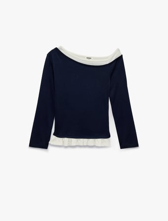 Ribanalı Asimetrik Kesim Viskon Karışımlı Kayık Yaka Uzun Kollu Slim Fit Tişört