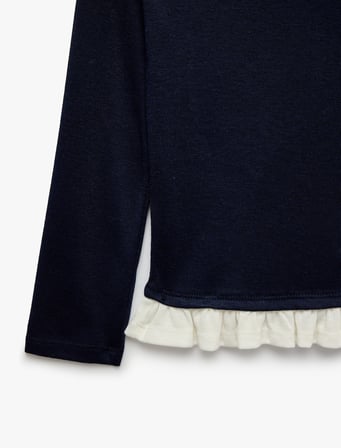 Ribanalı Asimetrik Kesim Viskon Karışımlı Kayık Yaka Uzun Kollu Slim Fit Tişört