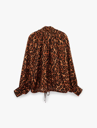 Uzun Kollu Leopar Desenli Dik Yaka Oversize Gömlek