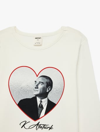 Atatürk Baskılı Pamuklu Kaşkorse Bisiklet Yaka Uzun Kollu Tişört