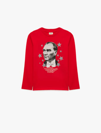 Atatürk Baskılı Pamuklu Bisiklet Yaka Uzun Kollu Tişört