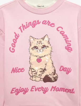 Kedi Baskılı Şardonlu Bisiklet Yaka Uzun Kollu Sweatshirt
