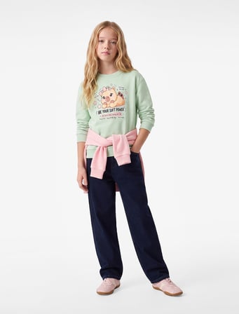 Hayvan Baskılı Şardonlu Bisiklet Yaka Uzun Kollu Sweatshirt