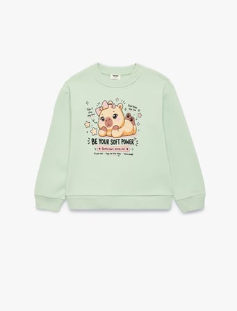 Hayvan Baskılı Şardonlu Bisiklet Yaka Uzun Kollu Sweatshirt