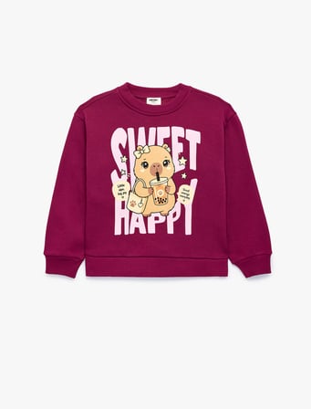 Baskılı Uzun Kollu Bisiklet Yaka Şardonlu Sweatshirt
