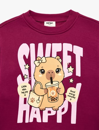 Baskılı Uzun Kollu Bisiklet Yaka Şardonlu Sweatshirt