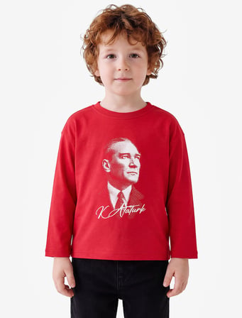 Atatürk Baskılı Pamuklu Bisiklet Yaka Uzun Kollu Tişört