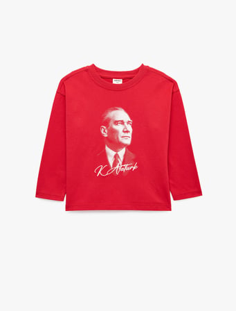 Atatürk Baskılı Pamuklu Bisiklet Yaka Uzun Kollu Tişört