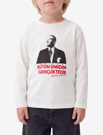 Atatürk Baskılı Pamuklu Bisiklet Yaka Uzun Kollu Tişört