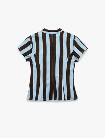 Kısa Kollu Süslü Düğmeli Qipao Yaka Çizgili Denim Bluz