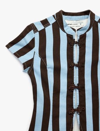 Kısa Kollu Süslü Düğmeli Qipao Yaka Çizgili Denim Bluz