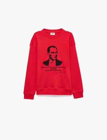 Atatürk Baskılı Bisiklet Yaka Uzun Kollu Pamuklu Tişört