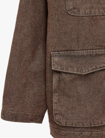 Pamuklu Rahat Kalıp Uzun Kollu Kapaklı Cepli Peluşlu Gömlek Yaka Jean Ceket