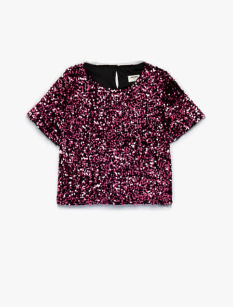 Bisiklet Yaka Kısa Kollu Crop Pullu Payetli Bluz