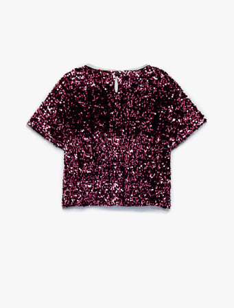 Bisiklet Yaka Kısa Kollu Crop Pullu Payetli Bluz