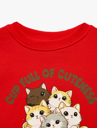 Kedi Baskılı Uzun Kollu Bisiklet Yaka Şardonlu Sweatshirt