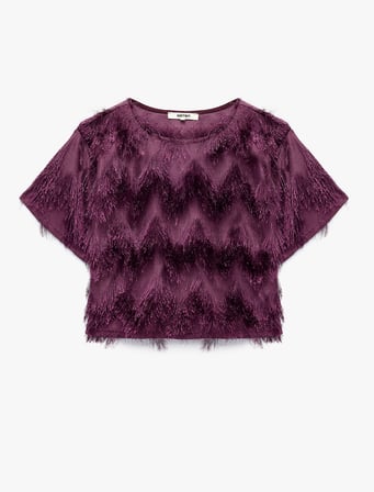 Peluş Detaylı Bisiklet Yaka Kısa Kollu Crop Bluz