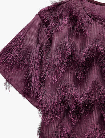 Peluş Detaylı Bisiklet Yaka Kısa Kollu Crop Bluz