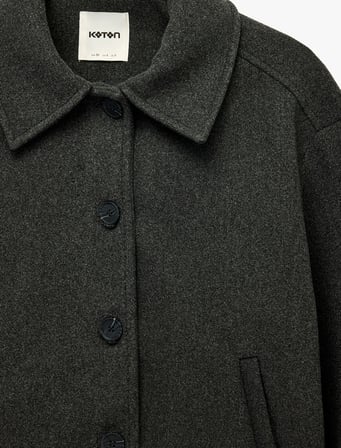 Uzun Kollu Klasik Yaka Düğmeli Cepli Kaşe Bomber Ceket