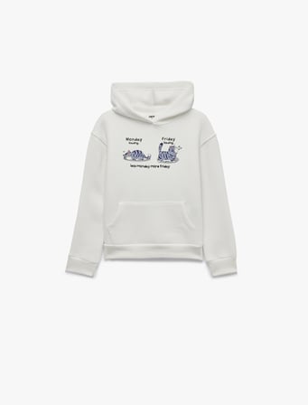 Kedi Baskılı Şardonlu Cepli Uzun Kollu Kapşonlu Sweatshirt