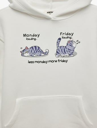 Kedi Baskılı Şardonlu Cepli Uzun Kollu Kapşonlu Sweatshirt