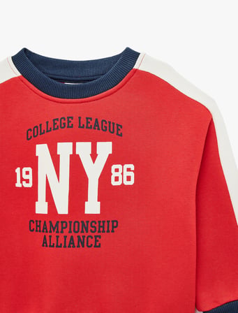 Pamuklu Bisiklet Yaka Balon Kollu Şardonlu Oversize Sweatshirt