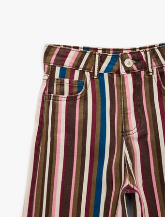 Pamuklu Cepli Çizgili İspanyol Paça Denim Pantolon