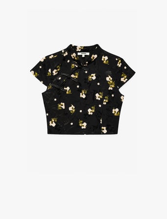 Süslü Düğmeli Kısa Kollu Çiçek Desenli Dik Qipao Yaka Crop Bluz