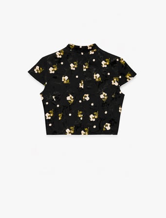 Süslü Düğmeli Kısa Kollu Çiçek Desenli Dik Qipao Yaka Crop Bluz