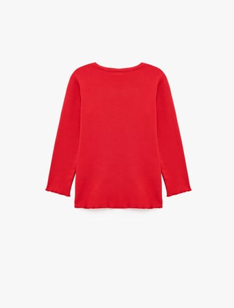 Nakış Detaylı Slim Fit Pamuklu Kaşkorse Bisiklet Yaka Uzun Kollu Tişört