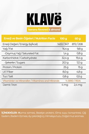 Yüksek Protein Bar Muz Aromalı ve Bademli - 60 g x 6 Adet - 15g Protein, Vegan ve Glutensiz