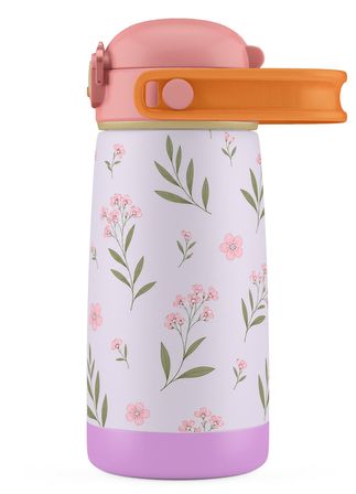 Puccon 420 ml Yaprak Desenli Pembe-Lila Kız Çocuk Okul ve Günlük Çelik Matara - 60007