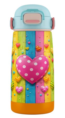 Puccon 420 ml Paslanmaz Çelik Kız Çocuk Okul Termosu-Matarası - 60015 - Pembe Kalp Desenli
