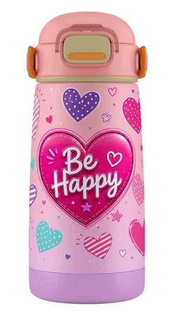 Puccon 420 ml Pembe Kalp Desenli Bey Happy Yazılı Kız Çocuk Çelik Okul Matarası - 60020