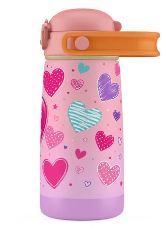 Puccon 420 ml Pembe Kalp Desenli Bey Happy Yazılı Kız Çocuk Çelik Okul Matarası - 60020